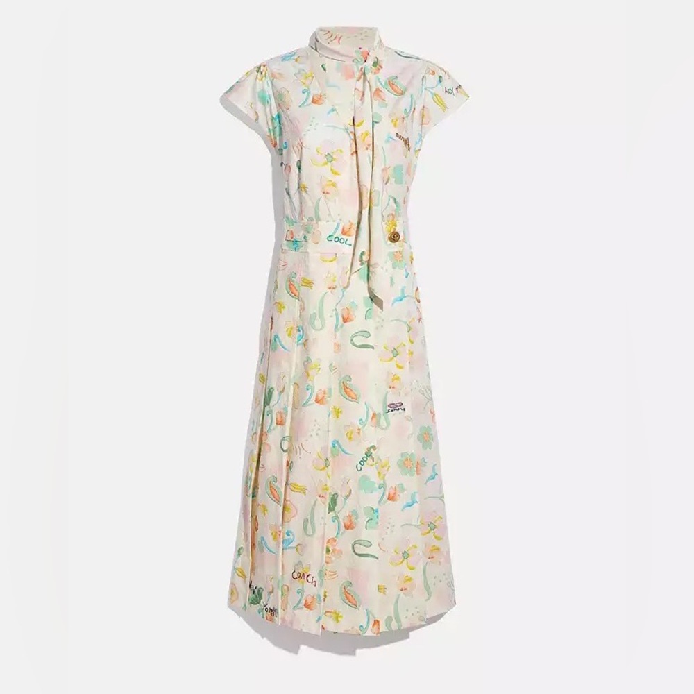 Coach Printed Tie Neck Pleated Dress Spring Size 10
